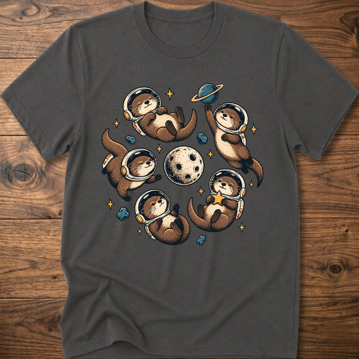 Charcoal crew T-shirt with otter astronaut space graphic on chest