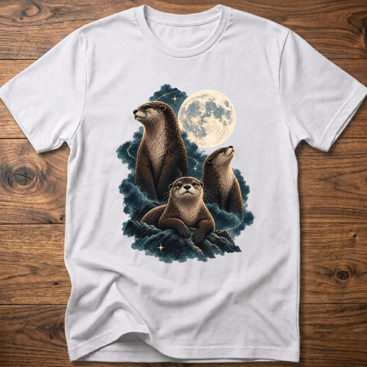 White t-shirt with moonlit otter graphic and teal waves on the chest