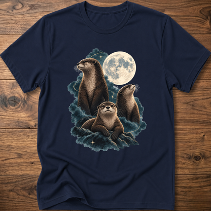 Navy t-shirt with moonlit otter graphic and teal waves on the chest