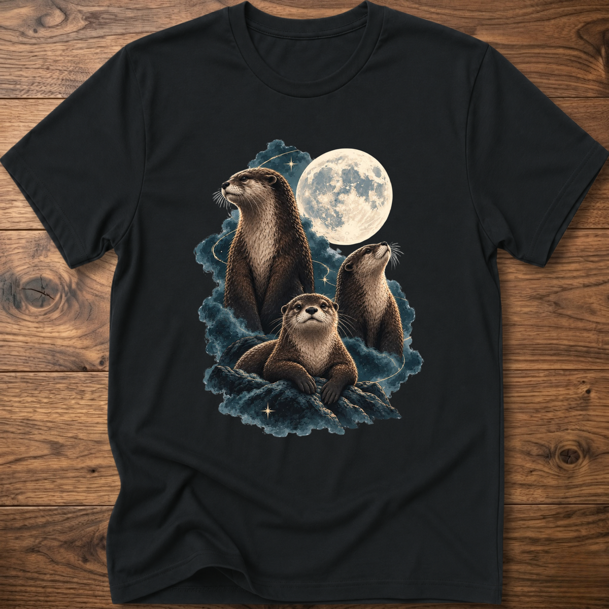Black t-shirt with moonlit otter graphic and teal waves on the chest