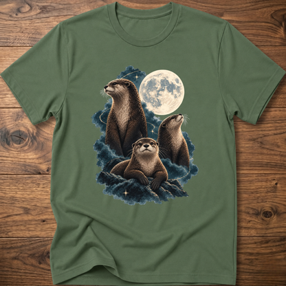 Military green t-shirt with moonlit otter graphic and teal waves on the chest