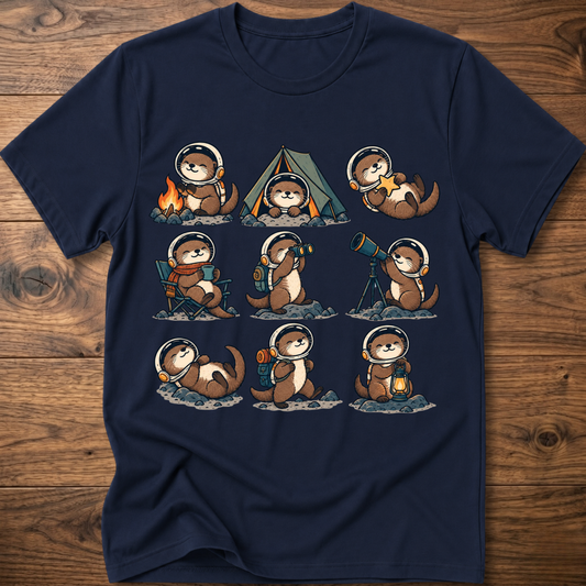 Navy T-shirt with space otter crew graphic across front