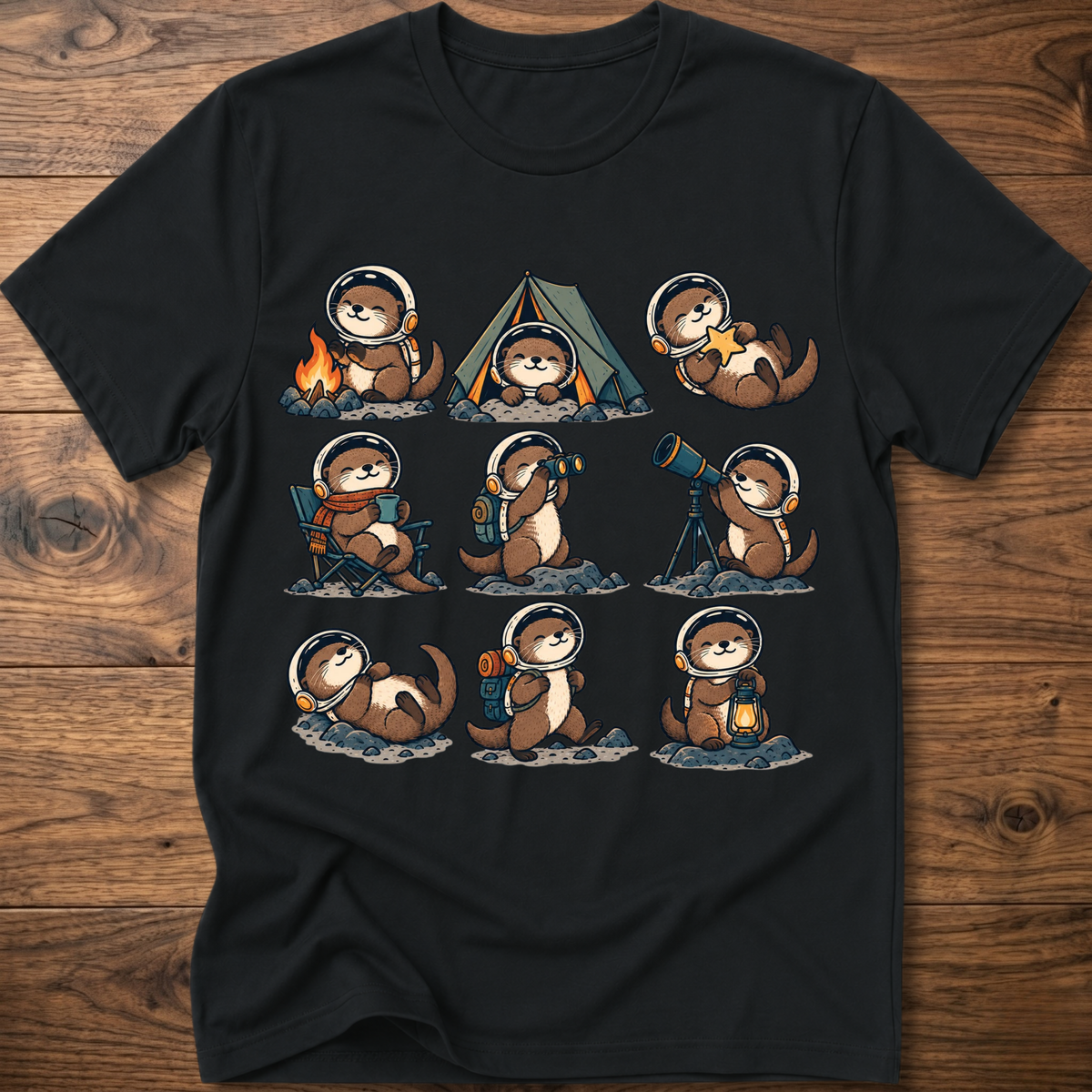 Black T-shirt with space otter crew graphic across front
