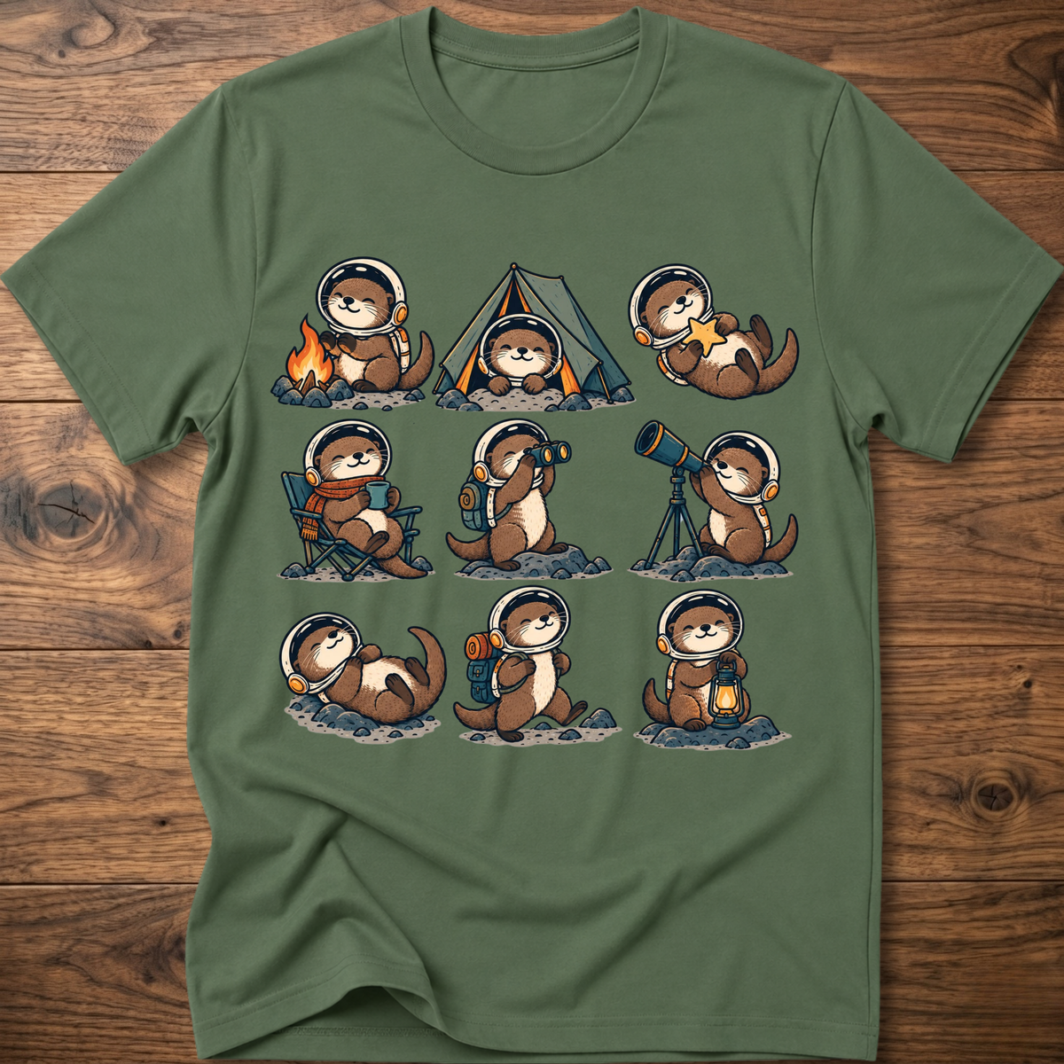 Military green T-shirt with space otter crew graphic across front