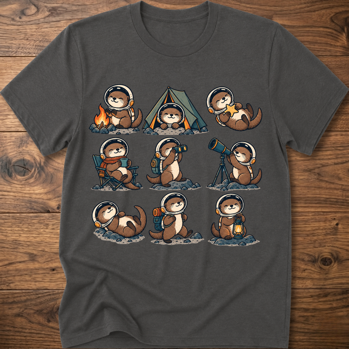 Charcoal T-shirt with space otter crew graphic across front