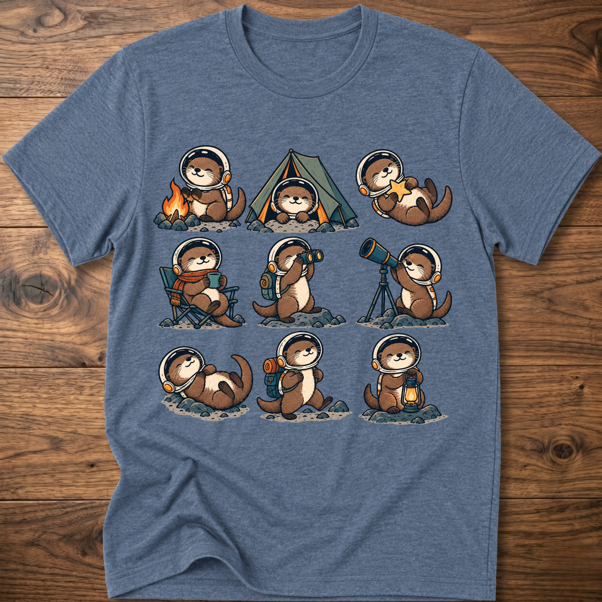 Heather indigo T-shirt with space otter crew graphic across front
