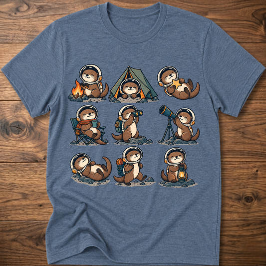 Heather indigo T-shirt with space otter crew graphic across front