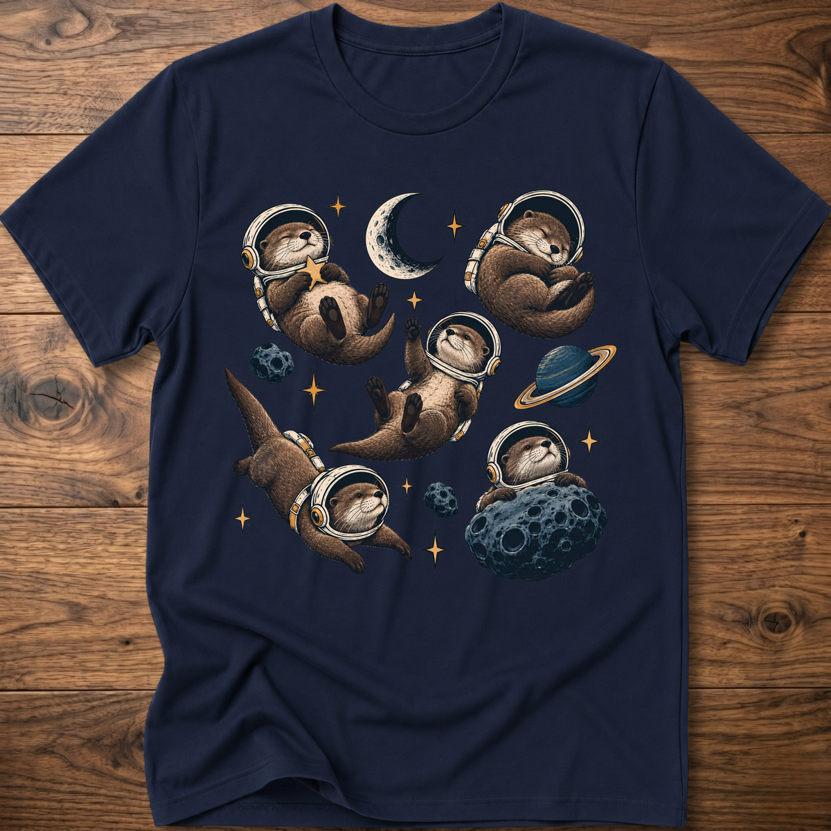 Navy otter space crew T-shirt with moon and planet graphic, crew neck short sleeves