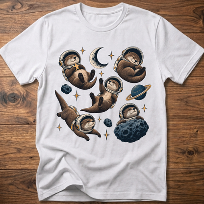 White otter space crew T-shirt with moon and planet graphic, crew neck short sleeves
