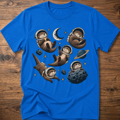 Royal blue otter space crew T-shirt with moon and planet graphic, crew neck short sleeves