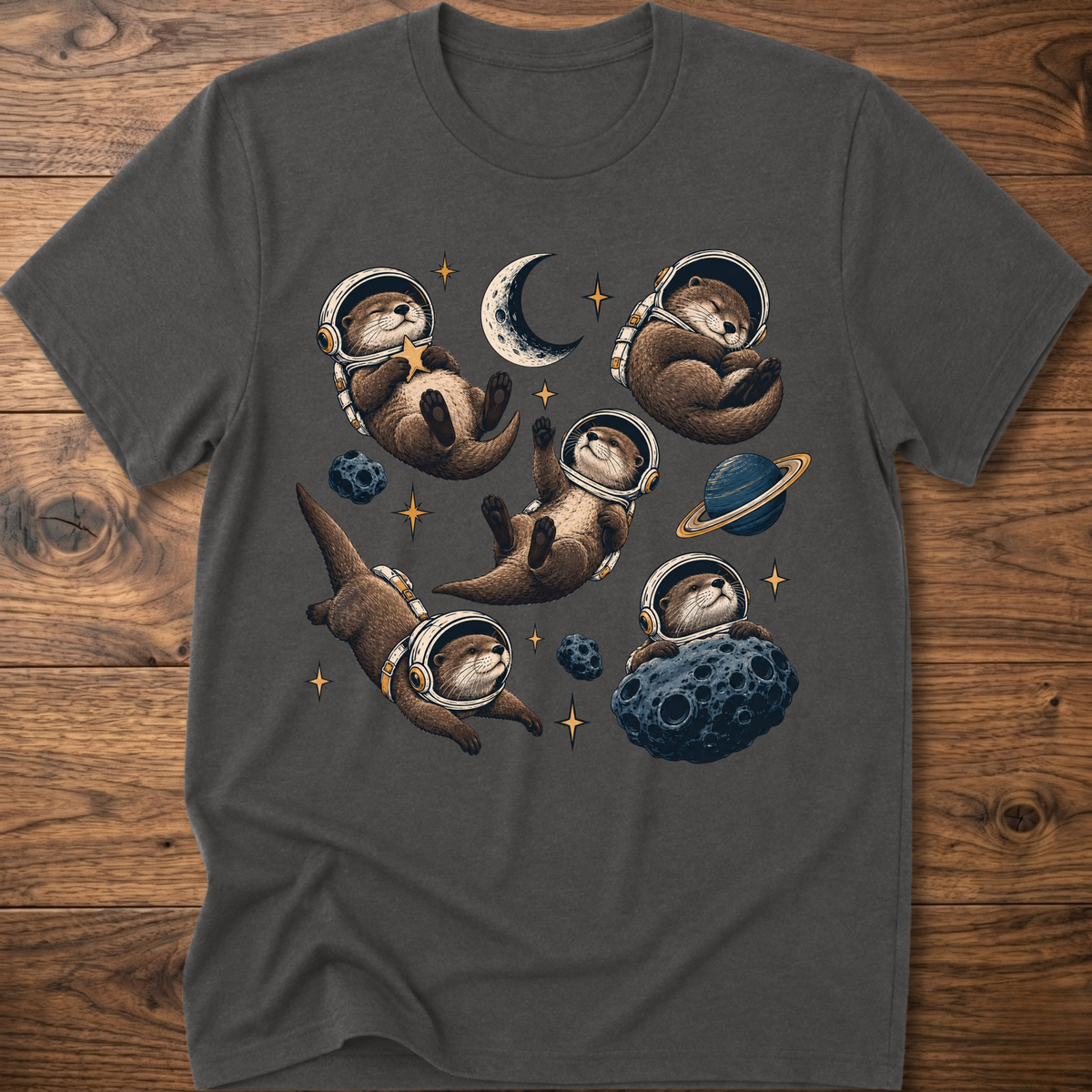 Charcoal otter space crew T-shirt with moon and planet graphic, crew neck short sleeves