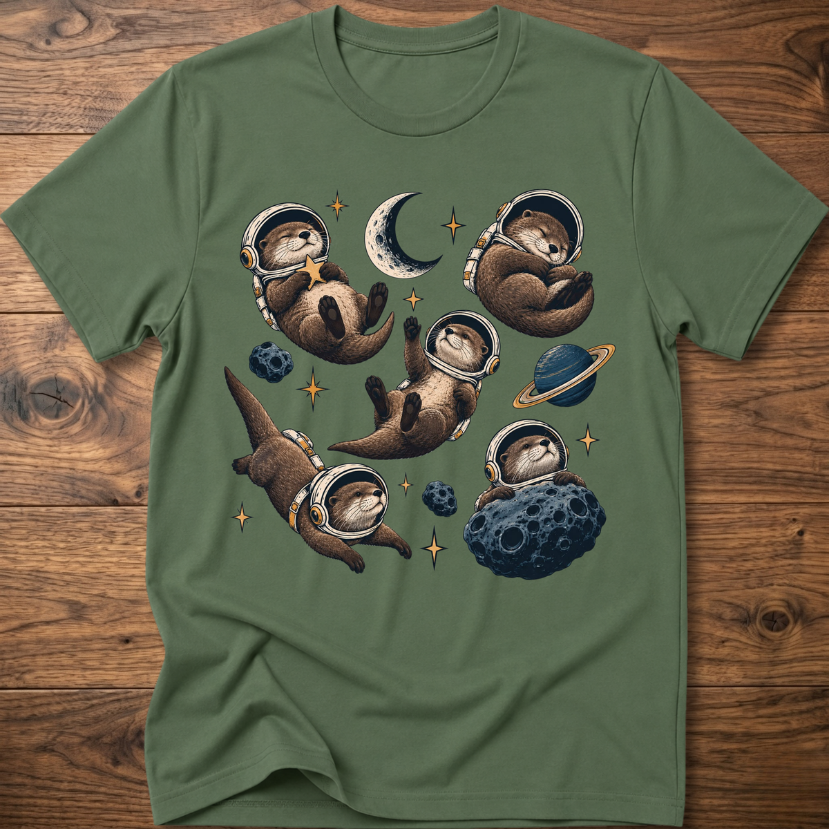 Military green otter space crew T-shirt with moon and planet graphic, crew neck short sleeves