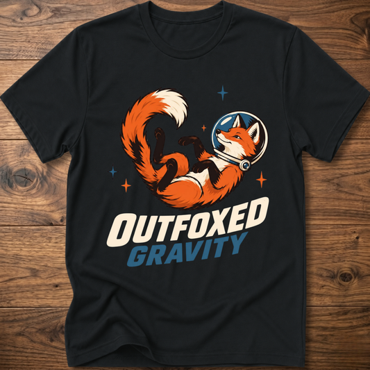 Outfoxed Gravity T-shirt in black with orange fox gravity graphic and logo text