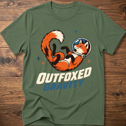 Outfoxed Gravity T-shirt in military green with orange fox gravity graphic and logo text