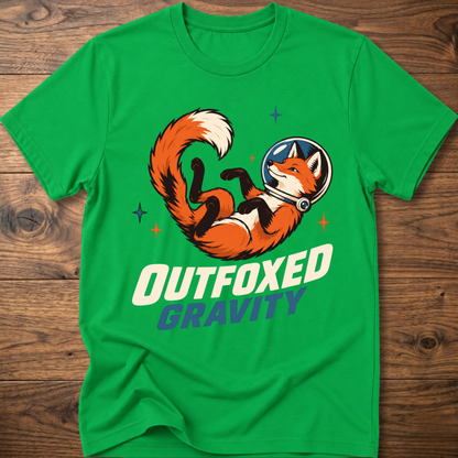 Outfoxed Gravity T-shirt in Irish green with orange fox gravity graphic and logo text