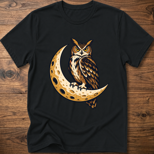 Black owl and crescent moon T-shirt with colorful chest graphic