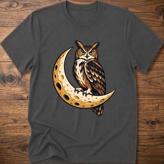 Charcoal gray owl and crescent moon T-shirt with colorful chest graphic