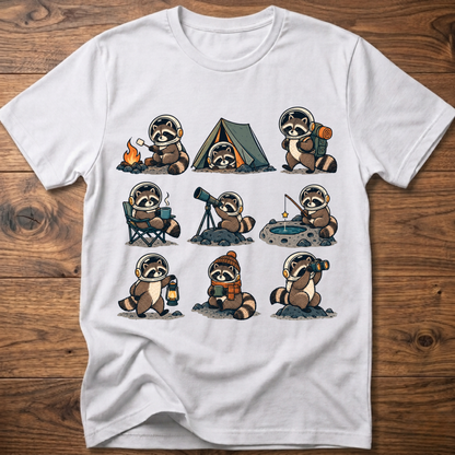 White crew-neck T-shirt with space camp raccoon astronaut graphic, short sleeves