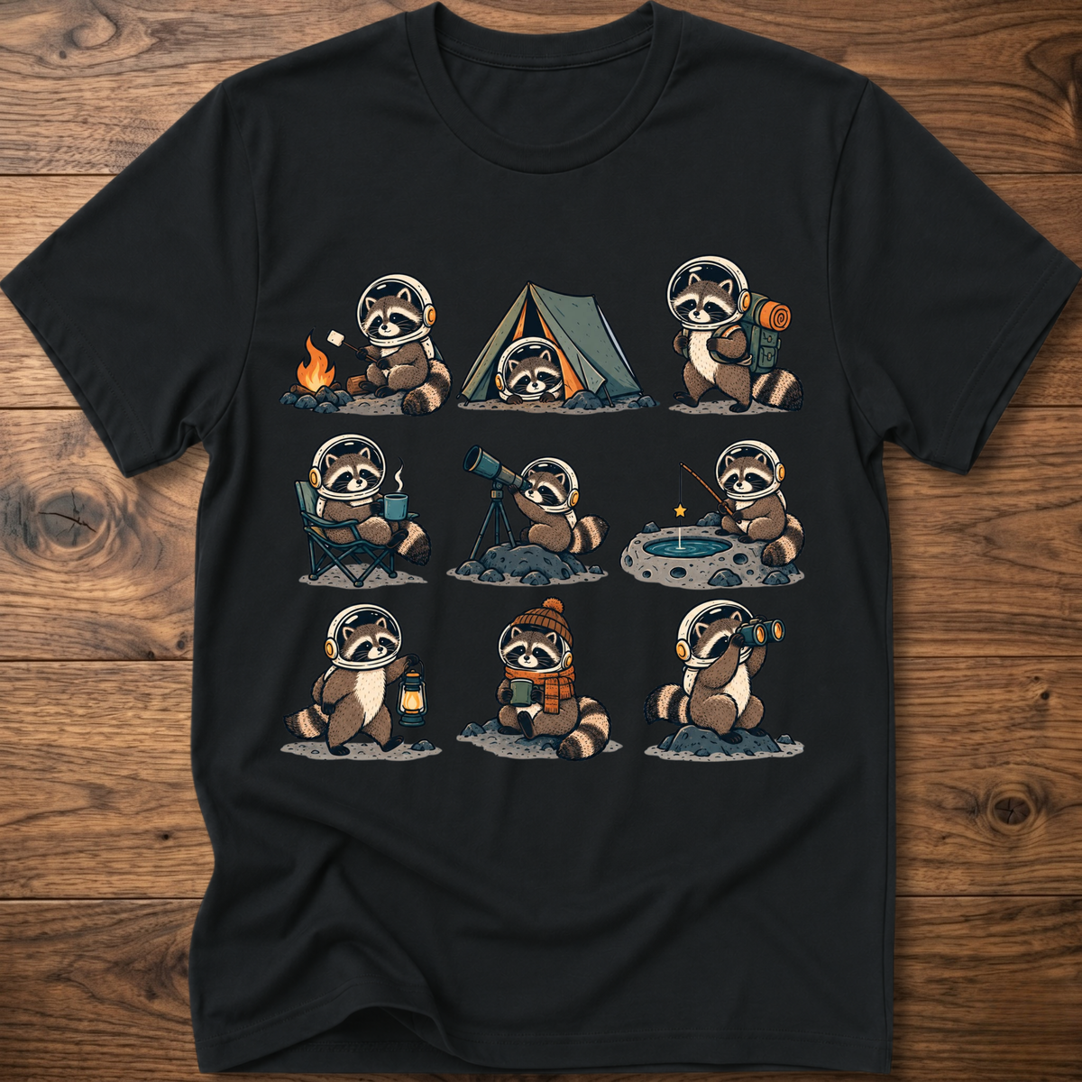 Black crew-neck T-shirt with space camp raccoon astronaut graphic, short sleeves