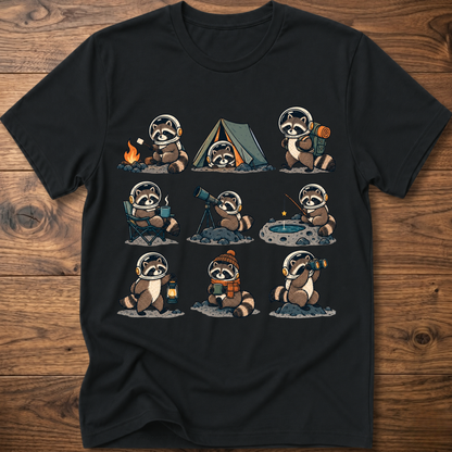 Black crew-neck T-shirt with space camp raccoon astronaut graphic, short sleeves