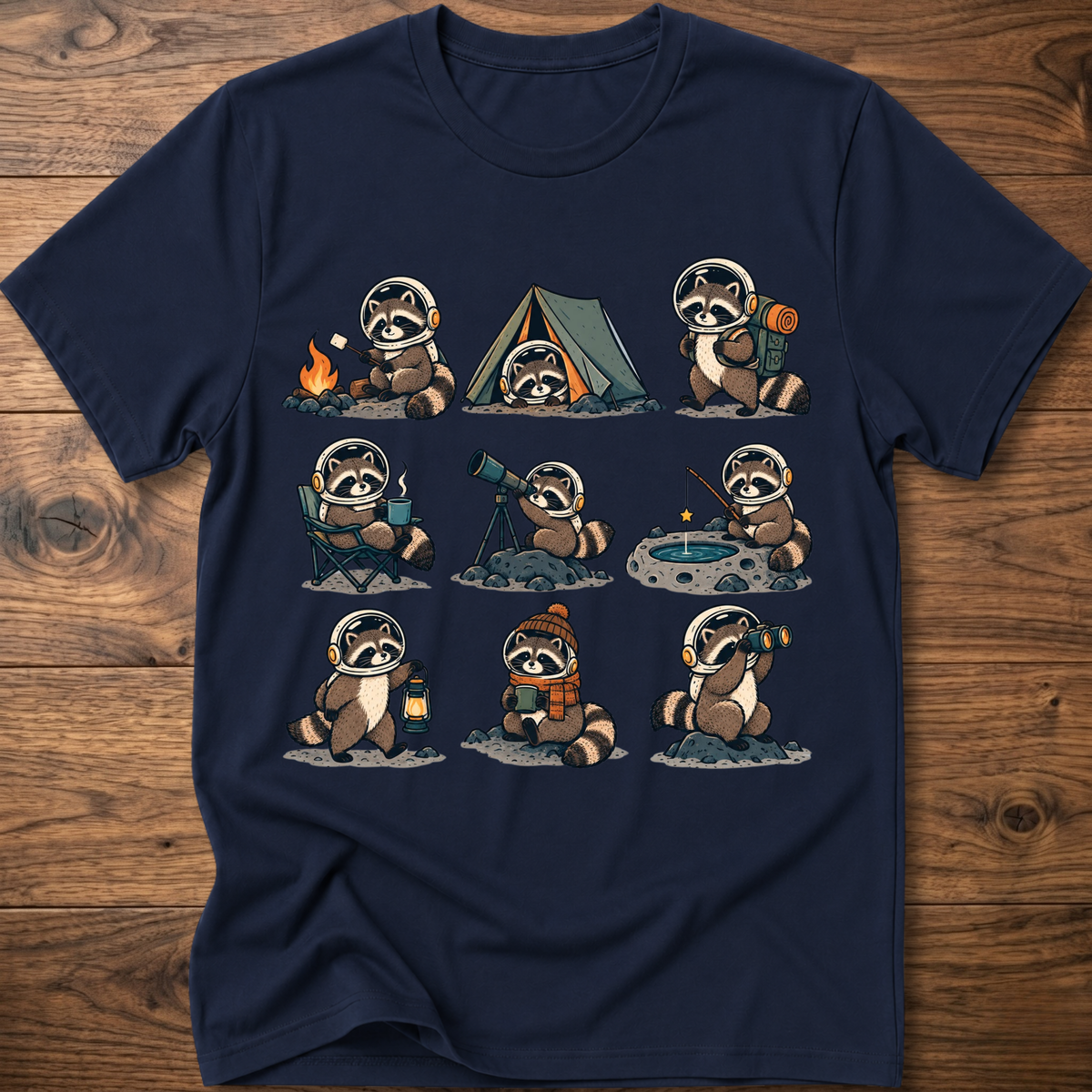 Navy crew-neck T-shirt with space camp raccoon astronaut graphic, short sleeves