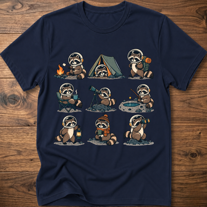 Navy crew-neck T-shirt with space camp raccoon astronaut graphic, short sleeves