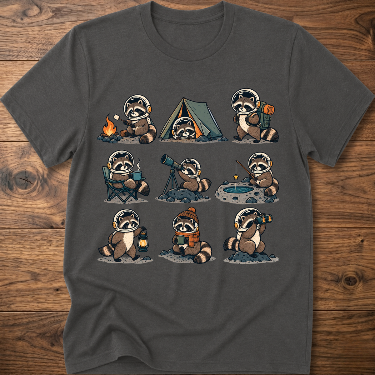 Charcoal crew-neck T-shirt with space camp raccoon astronaut graphic, short sleeves