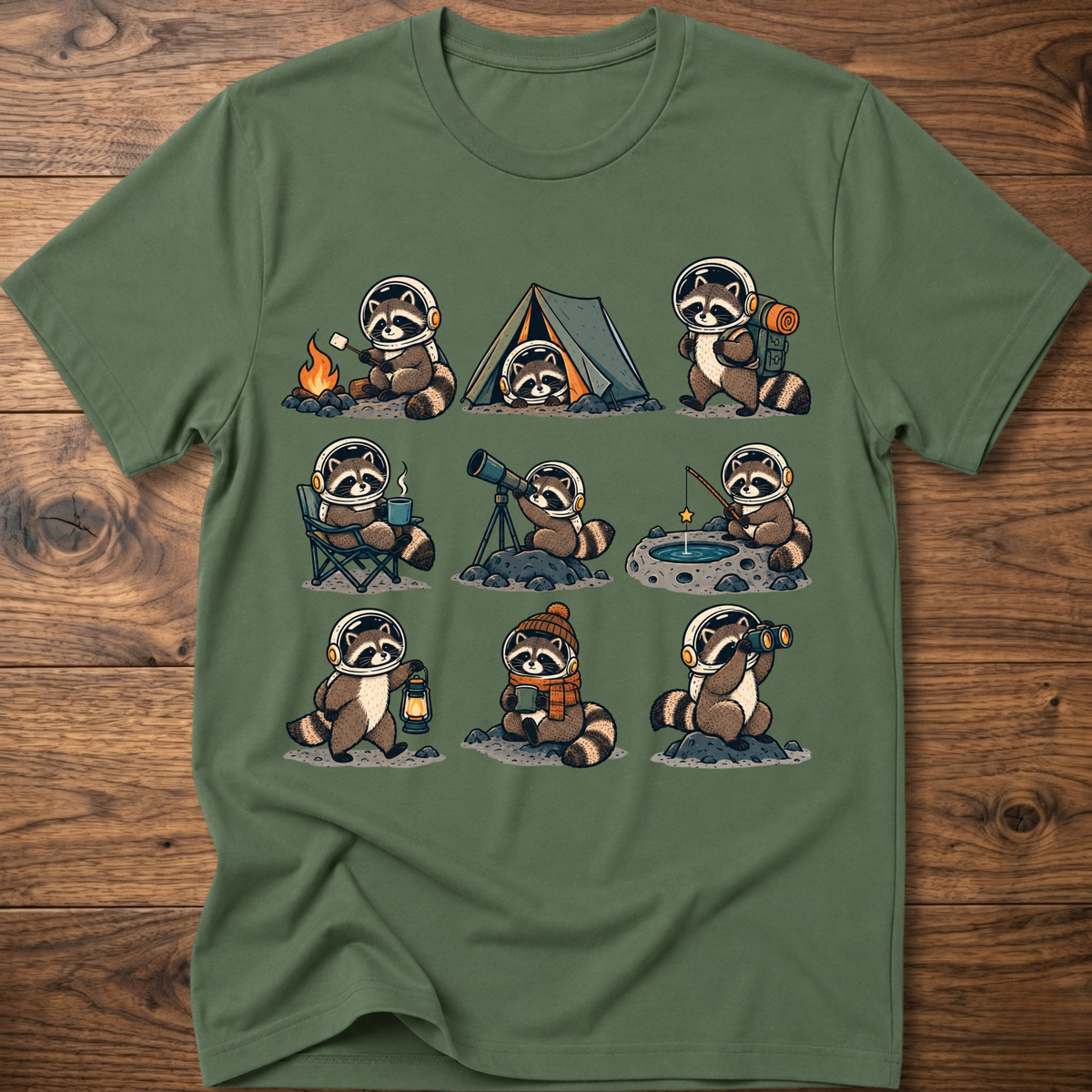 Military green crew-neck T-shirt with space camp raccoon astronaut graphic, short sleeves