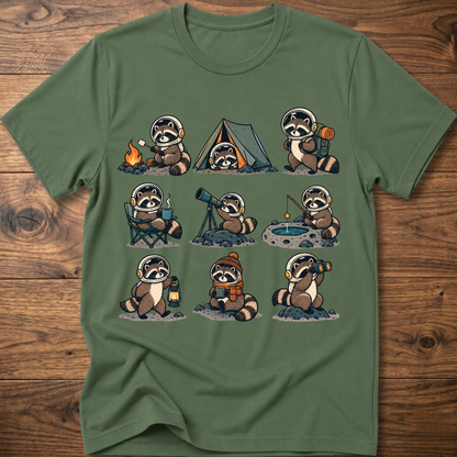 Military green crew-neck T-shirt with space camp raccoon astronaut graphic, short sleeves