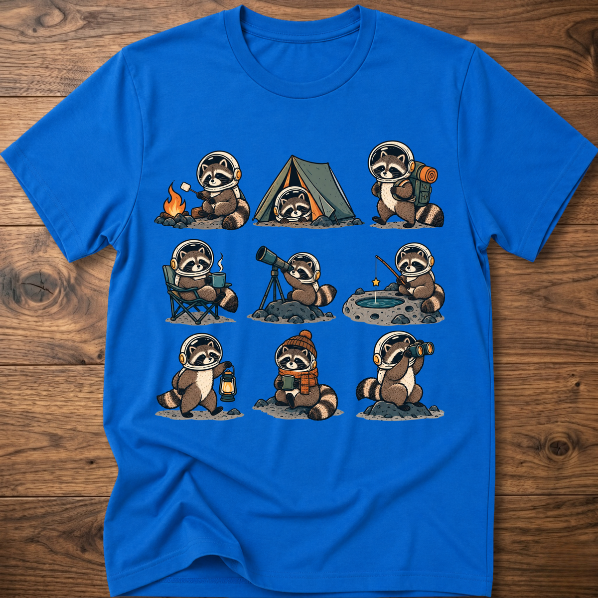Royal blue crew-neck T-shirt with space camp raccoon astronaut graphic, short sleeves