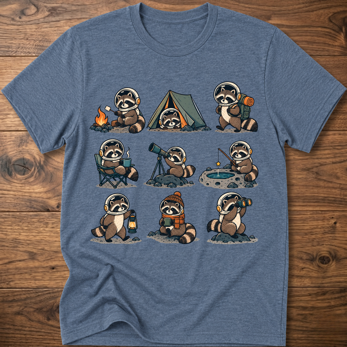 Heather indigo crew-neck T-shirt with space camp raccoon astronaut graphic, short sleeves
