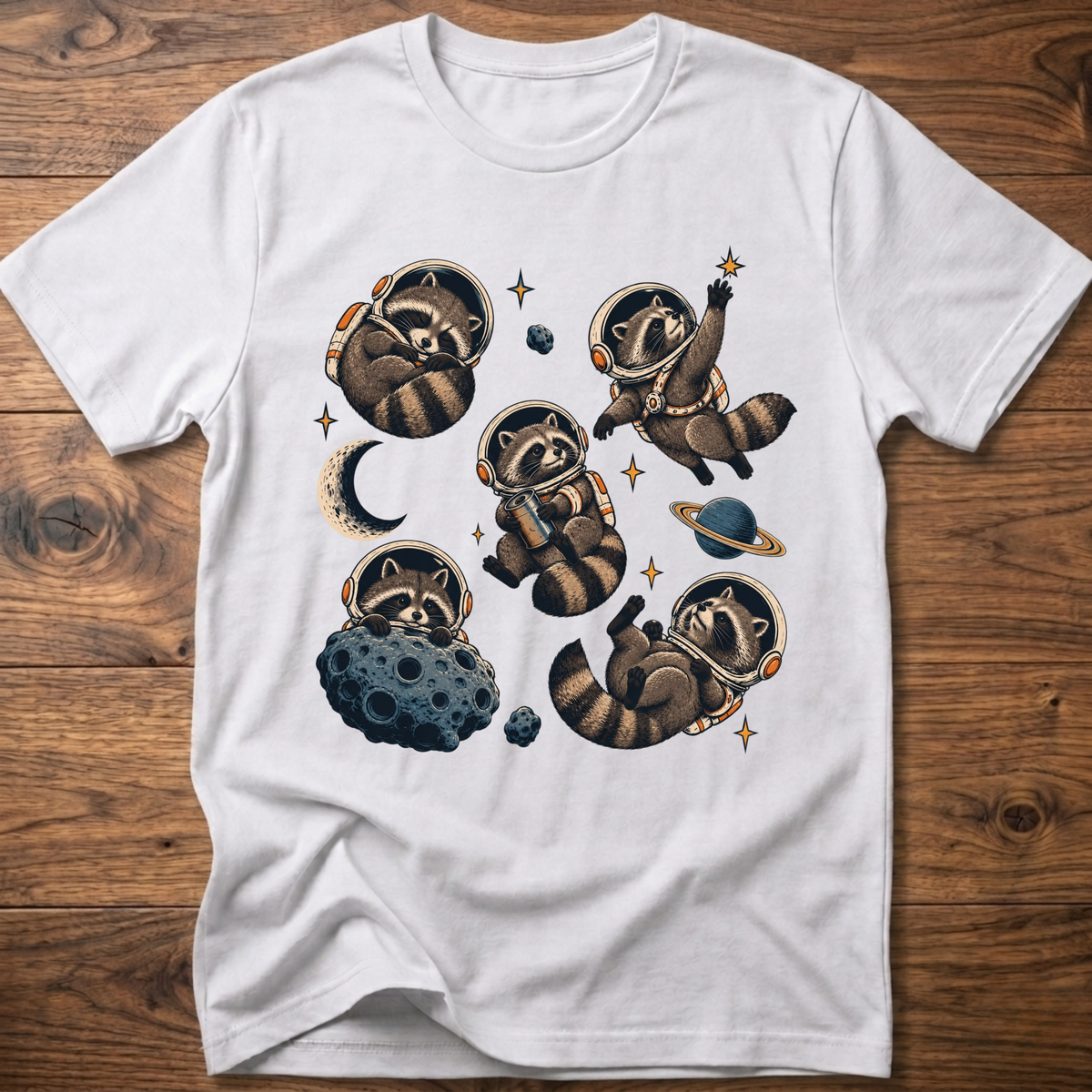 White crew T-shirt with raccoon astronaut space graphic on front