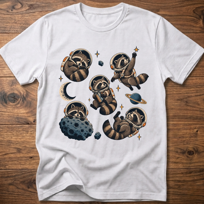 White crew T-shirt with raccoon astronaut space graphic on front