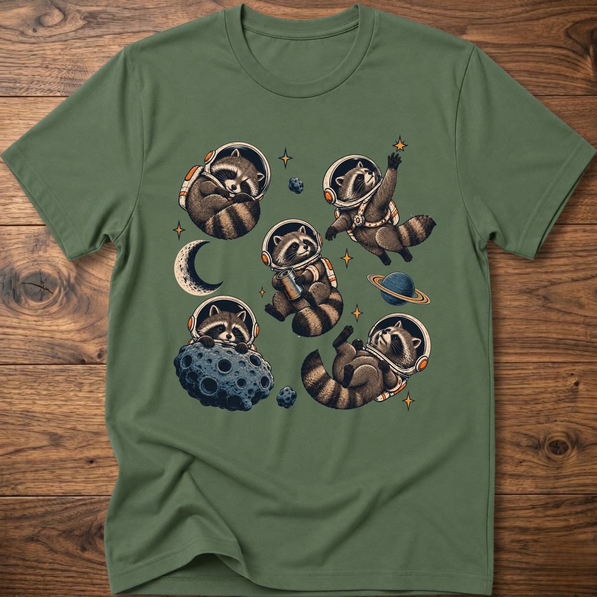 Military green crew T-shirt with raccoon astronaut space graphic on front