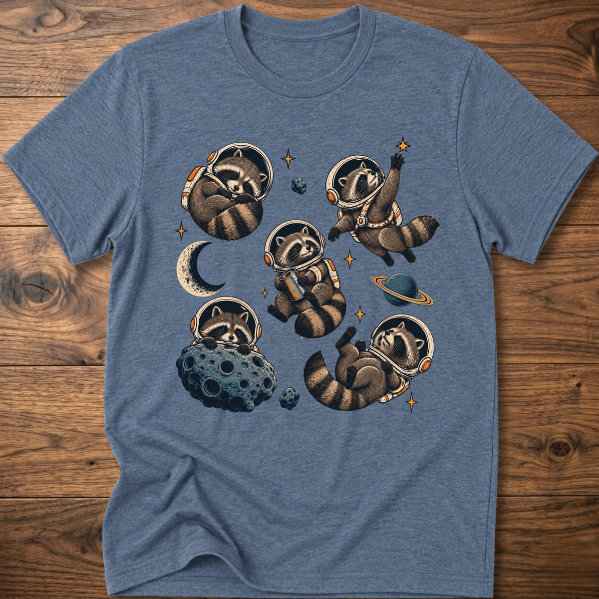 Heather blue crew T-shirt with raccoon astronaut space graphic on front