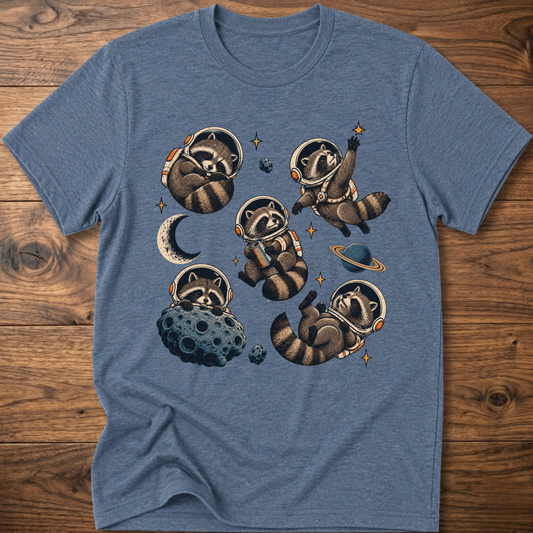 Heather blue crew T-shirt with raccoon astronaut space graphic on front
