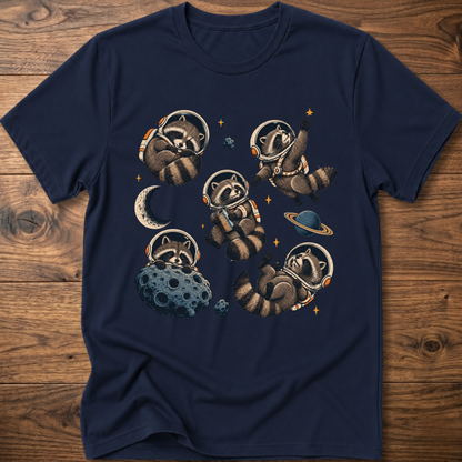 Royal blue crew T-shirt with raccoon astronaut space graphic on front
