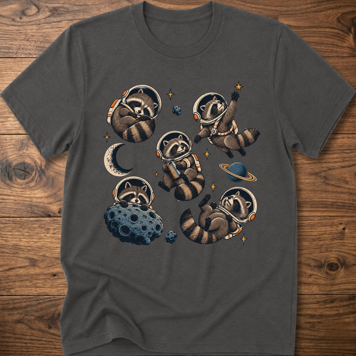 Charcoal crew T-shirt with raccoon astronaut space graphic on front