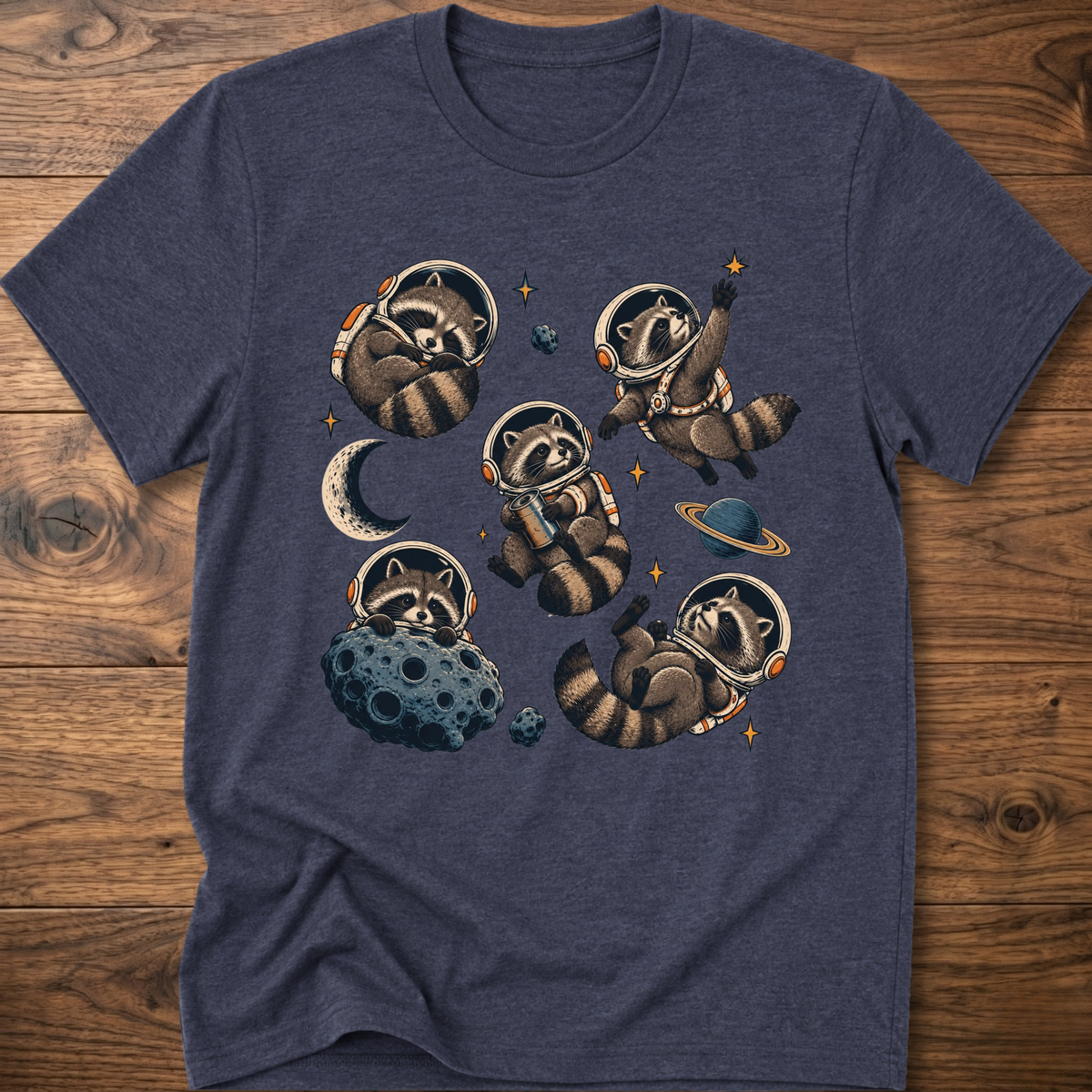 Navy crew T-shirt with raccoon astronaut space graphic on front