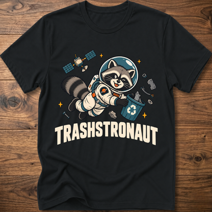 Black T-shirt with raccoon astronaut graphic and TRASHSTRONAUT print