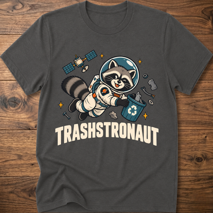 Charcoal T-shirt with raccoon astronaut graphic and TRASHSTRONAUT print