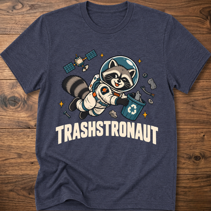 Navy T-shirt with raccoon astronaut graphic and TRASHSTRONAUT print