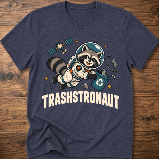 Navy T-shirt with raccoon astronaut graphic and TRASHSTRONAUT print