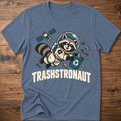 Heather blue T-shirt with raccoon astronaut graphic and TRASHSTRONAUT print
