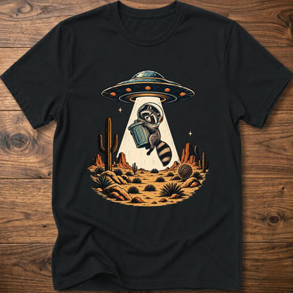 Black crew-neck T-shirt with astronaut raccoon graphic, UFO, and desert cactus