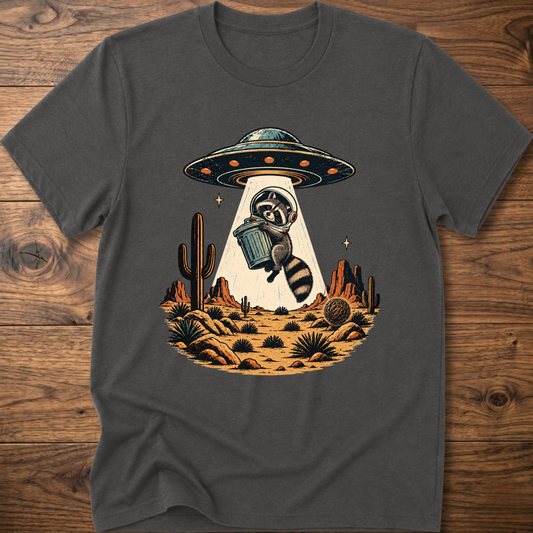 Gray crew-neck T-shirt with astronaut raccoon graphic, UFO, and desert cactus
