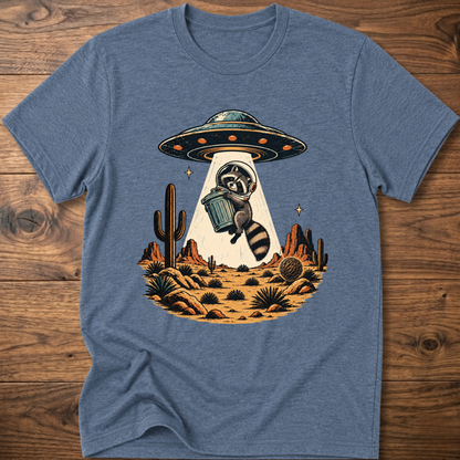 Heather blue crew-neck T-shirt with astronaut raccoon graphic, UFO, and desert cactus