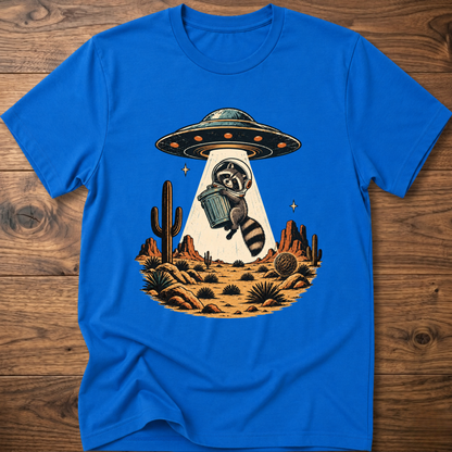 Royal blue crew-neck T-shirt with astronaut raccoon graphic, UFO, and desert cactus