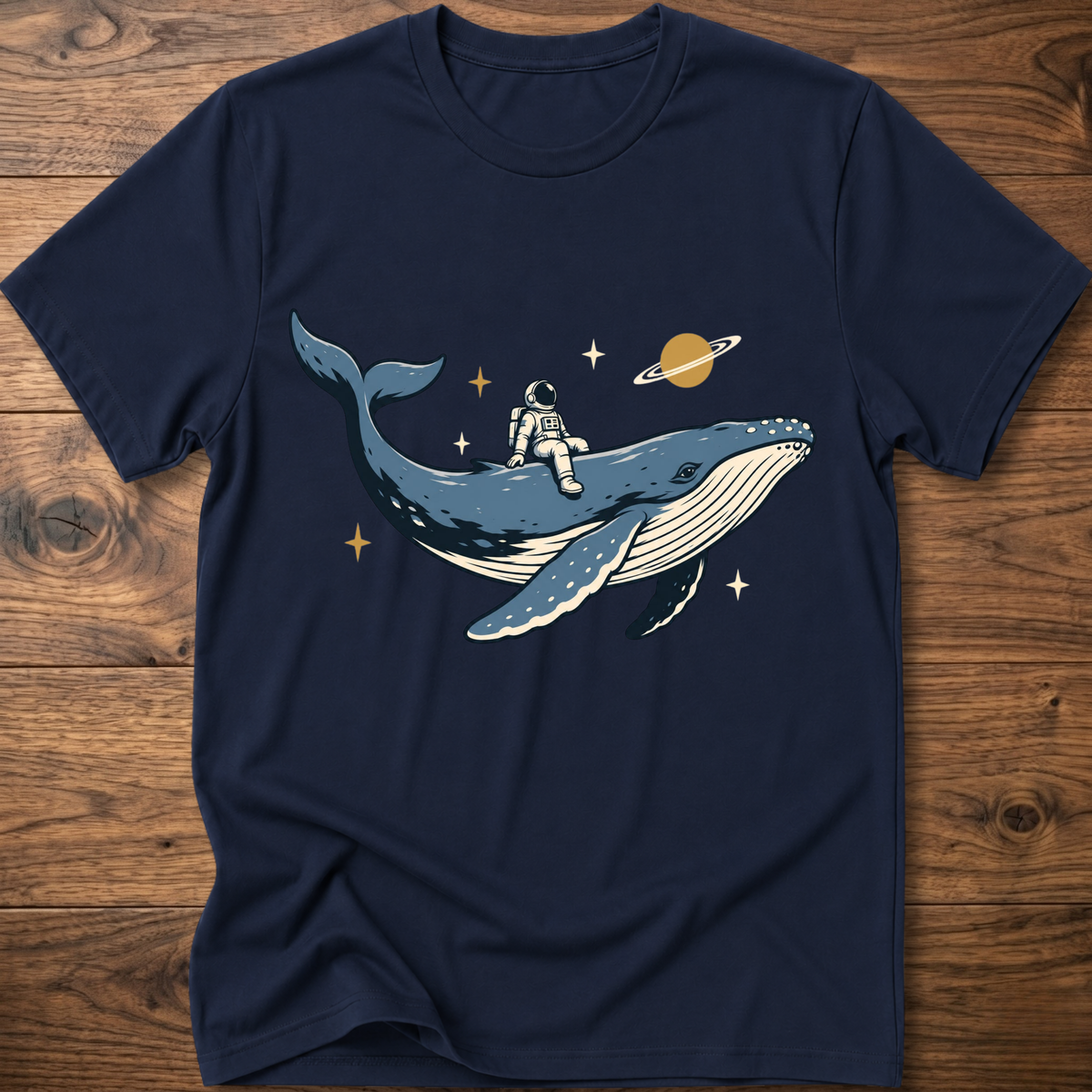 Navy T-shirt with astronaut riding space whale graphic and planets