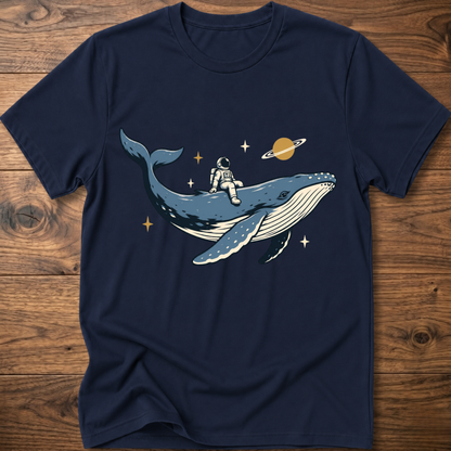Navy T-shirt with astronaut riding space whale graphic and planets
